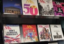 twenty copies of Ms. magazine are displayed on magazine racks at Main Library