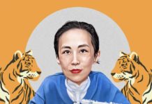 a portrait of a woman wearing a blue shirt and a trach at her neck is flanked on either side by illustrated tigers