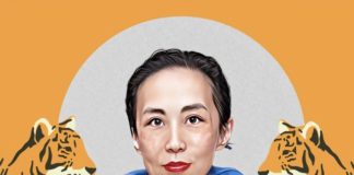 a portrait of a woman wearing a blue shirt and a trach at her neck is flanked on either side by illustrated tigers