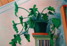 painting of a plant sitting atop a bookshelf