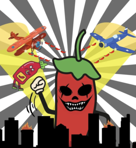 a chili pepper terrorizing a city