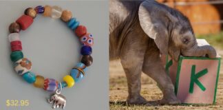 The left side displays a colorful bracelet with an elephant charm attached along with the price at the bottom left corner. The right side of the photo shows a calf elephant, Kirkja with a letter "K" block.