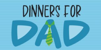 A banner style image with a blue background. It says "Dinners for Dad" with a green tie wrapped around the letter "A."
