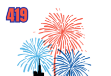 City with fireworks in the background with the area code "419."