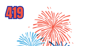 City with fireworks in the background with the area code "419."