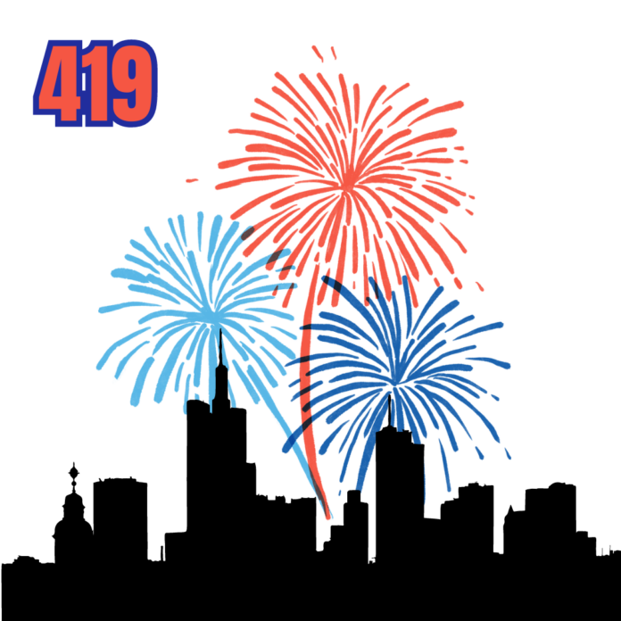 City with fireworks in the background with the area code 