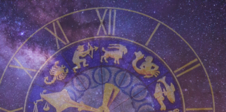 A galaxy colored background with a faded astrology clock with all the month's zodiac symbols.