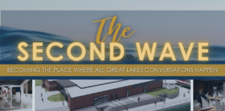 A graphic with a boat in the background introducing The National Museum of the Great Lake's Second Wave of expansion.