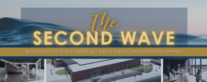 A graphic with a boat in the background introducing The National Museum of the Great Lake's Second Wave of expansion.