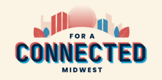 A red and blue graphic with shapes to look like a city in the background.