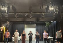 The cast of "The 25th Annual Putnam County Spelling Bee" rehearsing one of the group numbers.