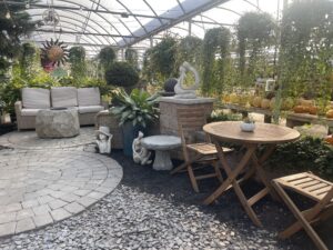 Hoen’s Garden Center’s inside seating area with bushes surrounding the couches.
