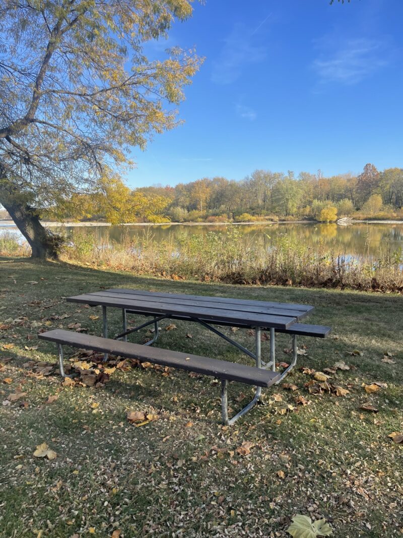 A picnic bench off of River Road in Maumee.
