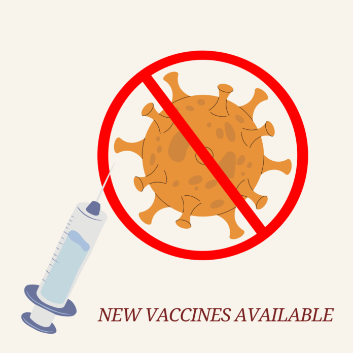 A gem representing COVID-19 behind a hazard sign. With a message saying new vaccines are available next to a needle.