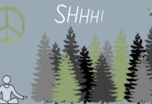 A graphic with a forest of trees, a dove in the corner and a person meditating. Also has a peace sign and a title saying “SHHH!”