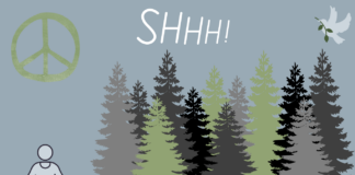 A graphic with a forest of trees, a dove in the corner and a person meditating. Also has a peace sign and a title saying “SHHH!”