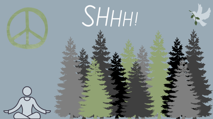 A graphic with a forest of trees, a dove in the corner and a person meditating. Also has a peace sign and a title saying “SHHH!”